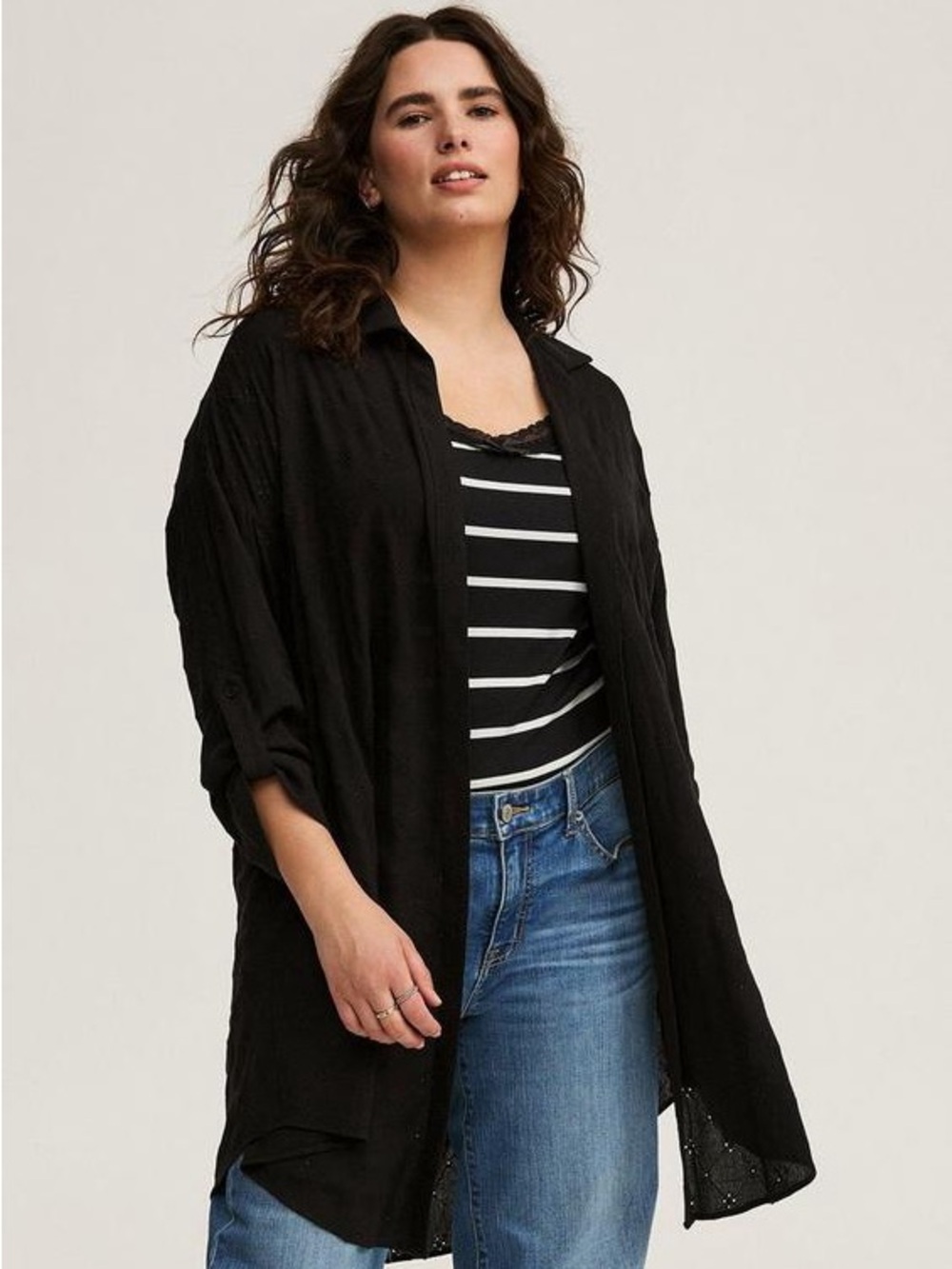 Torrid oversized kimono eyelet cut out black shirt